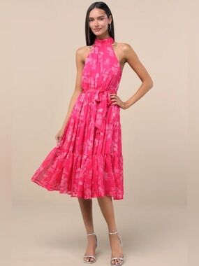 Lulus Float to You Halter-Neck Tiered Midi Dress L NWT